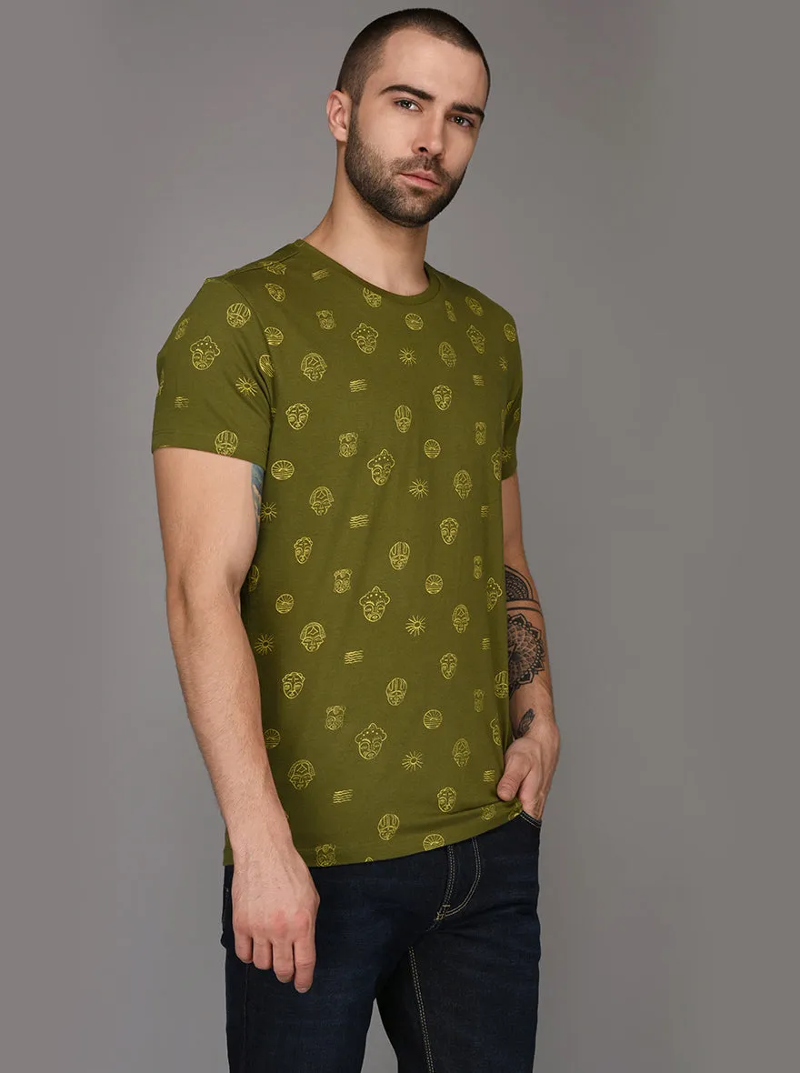 Olive Green Printed Slim Fit Round Neck T-Shirt | JadeBlue