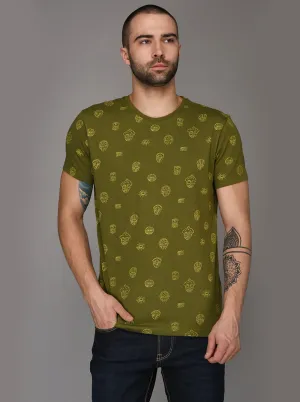 Olive Green Printed Slim Fit Round Neck T-Shirt | JadeBlue