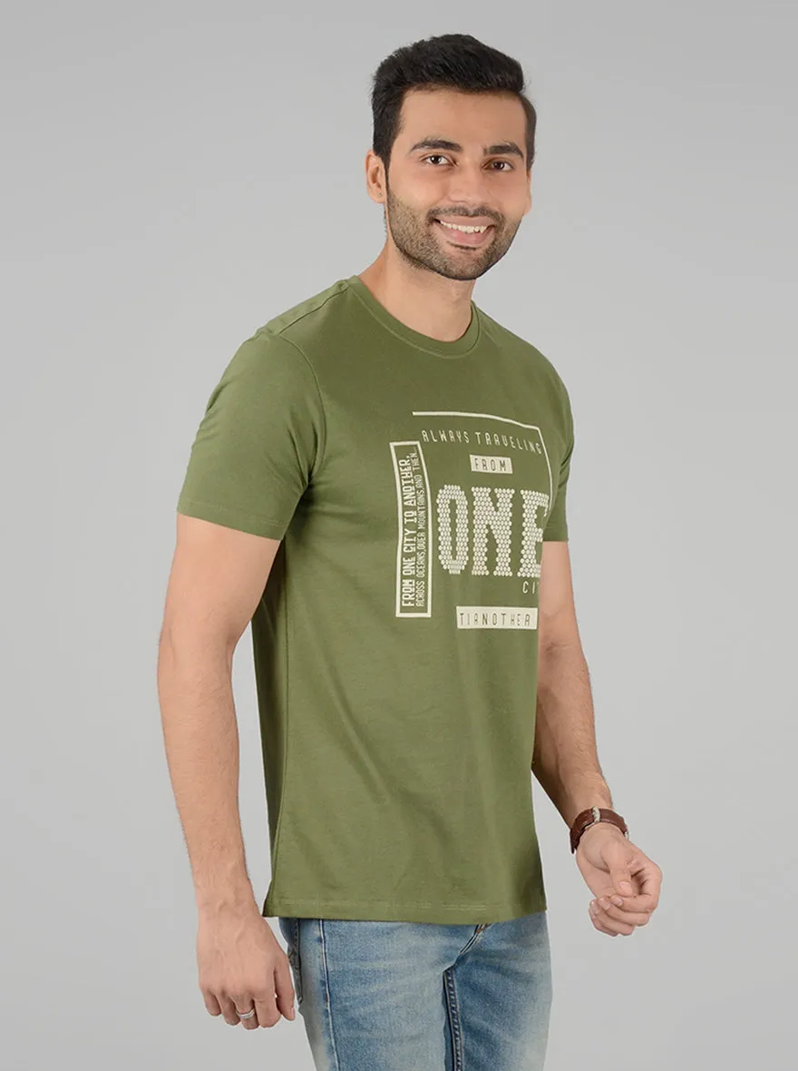 Olive Green Printed Slim Fit T-Shirt | Greenfibre