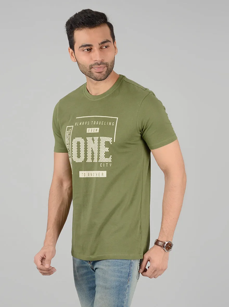 Olive Green Printed Slim Fit T-Shirt | Greenfibre