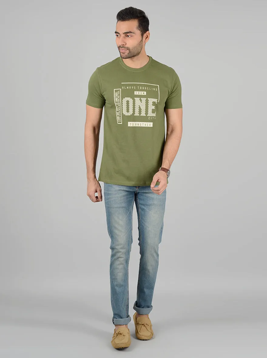 Olive Green Printed Slim Fit T-Shirt | Greenfibre