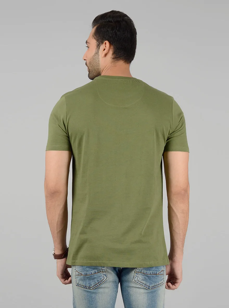 Olive Green Printed Slim Fit T-Shirt | Greenfibre