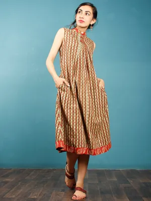 Olive Green Rust Beige Black Hand Block Printed Cotton Dress With front Pleats  - D255F1353