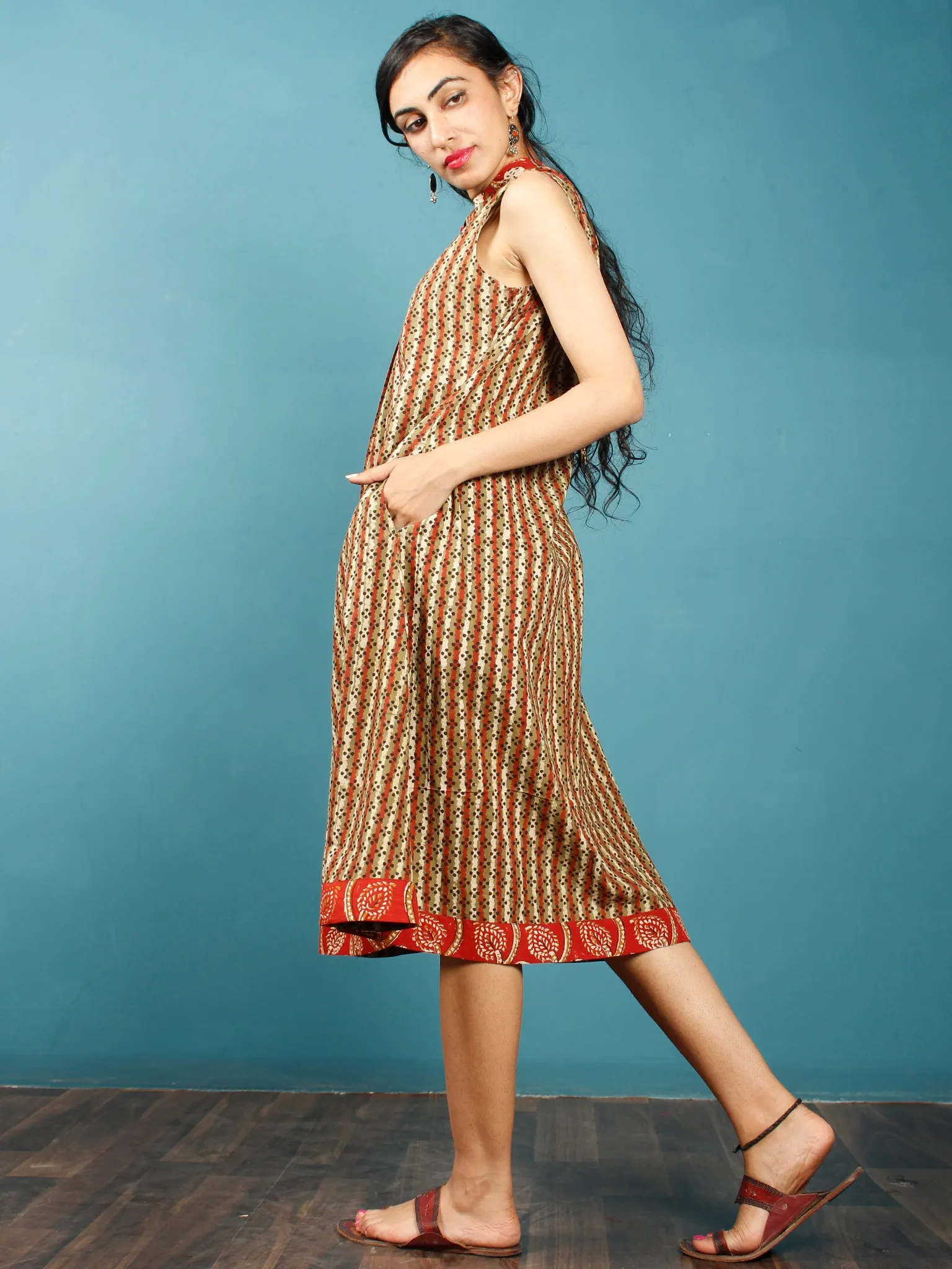 Olive Green Rust Beige Black Hand Block Printed Cotton Dress With front Pleats  - D255F1353