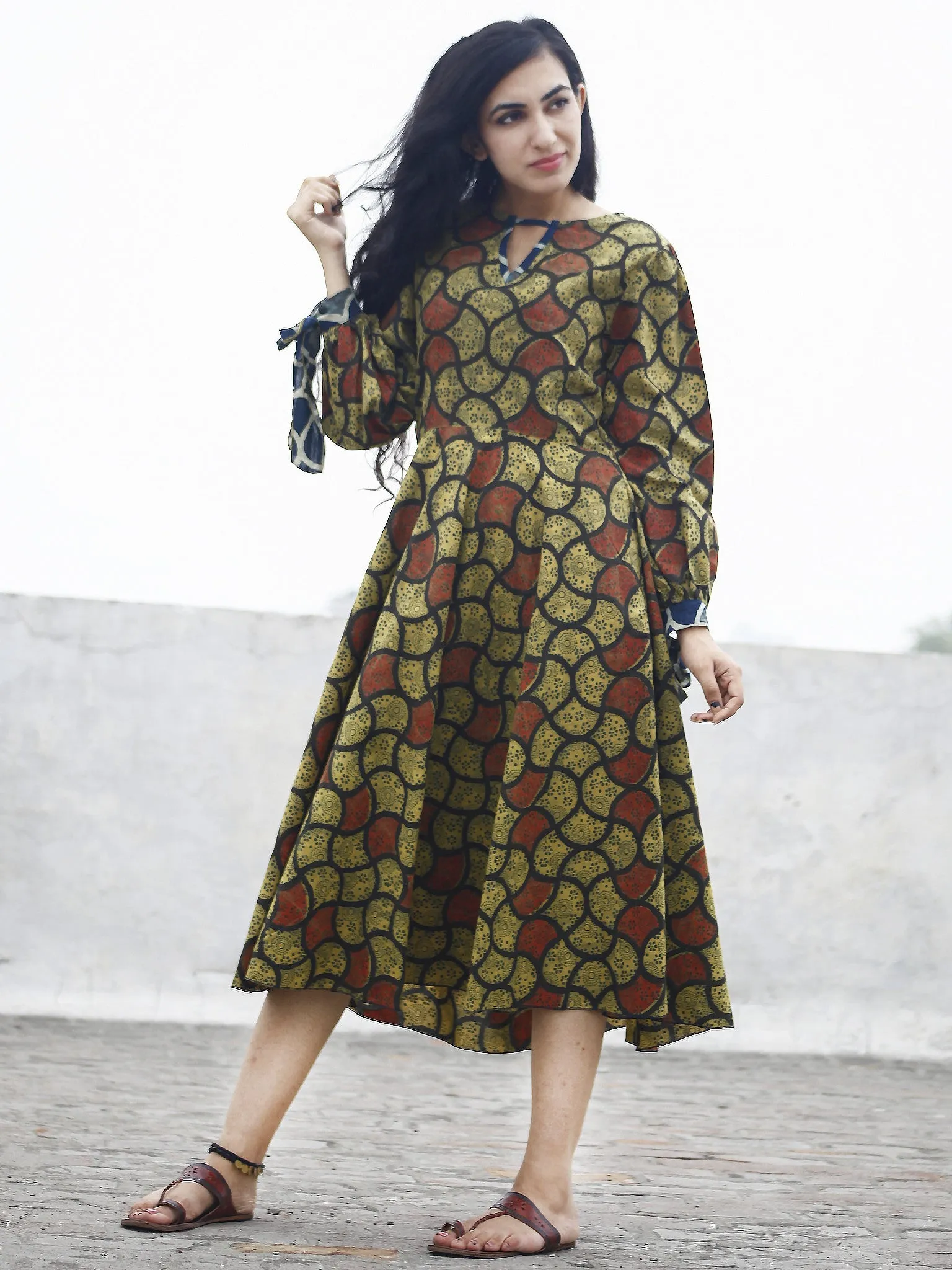 Olive Green Rust Indigo Black Ajrak Printed Cotton Dress With Tie-Up Sleeve - D80F641