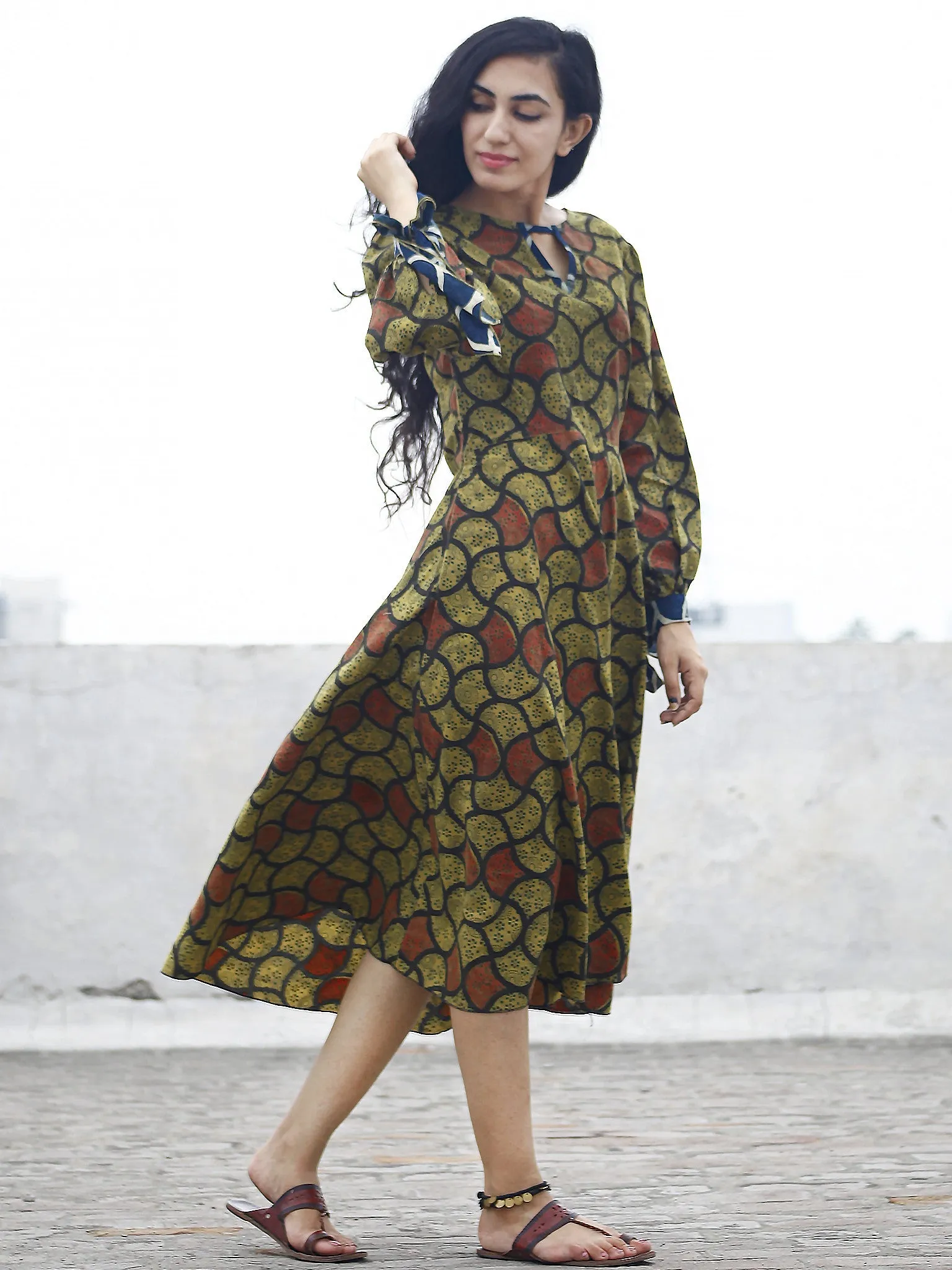 Olive Green Rust Indigo Black Ajrak Printed Cotton Dress With Tie-Up Sleeve - D80F641