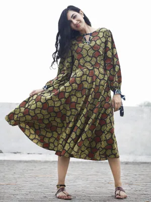 Olive Green Rust Indigo Black Ajrak Printed Cotton Dress With Tie-Up Sleeve - D80F641