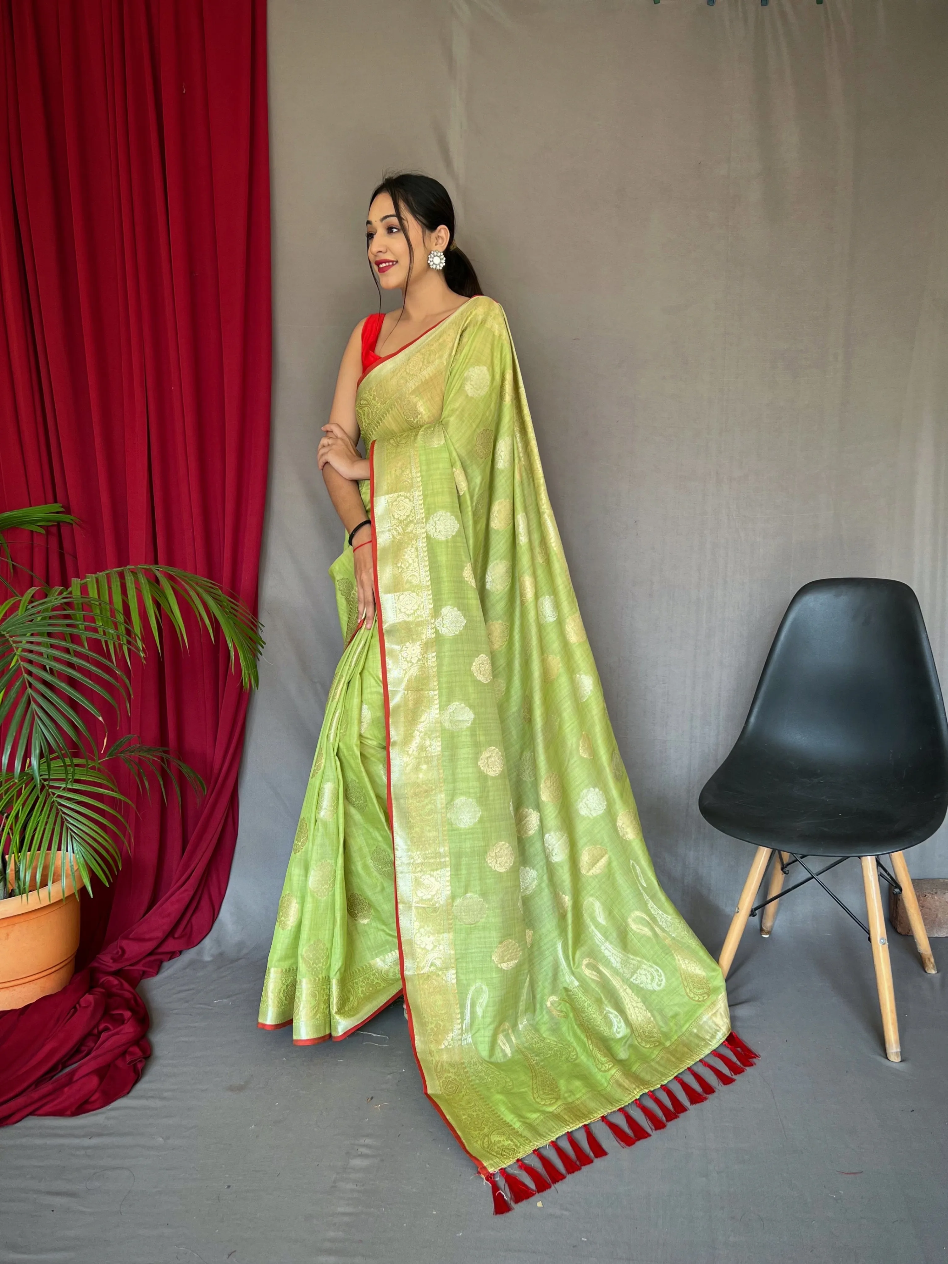 Olive Green Saree in Cotton Silk