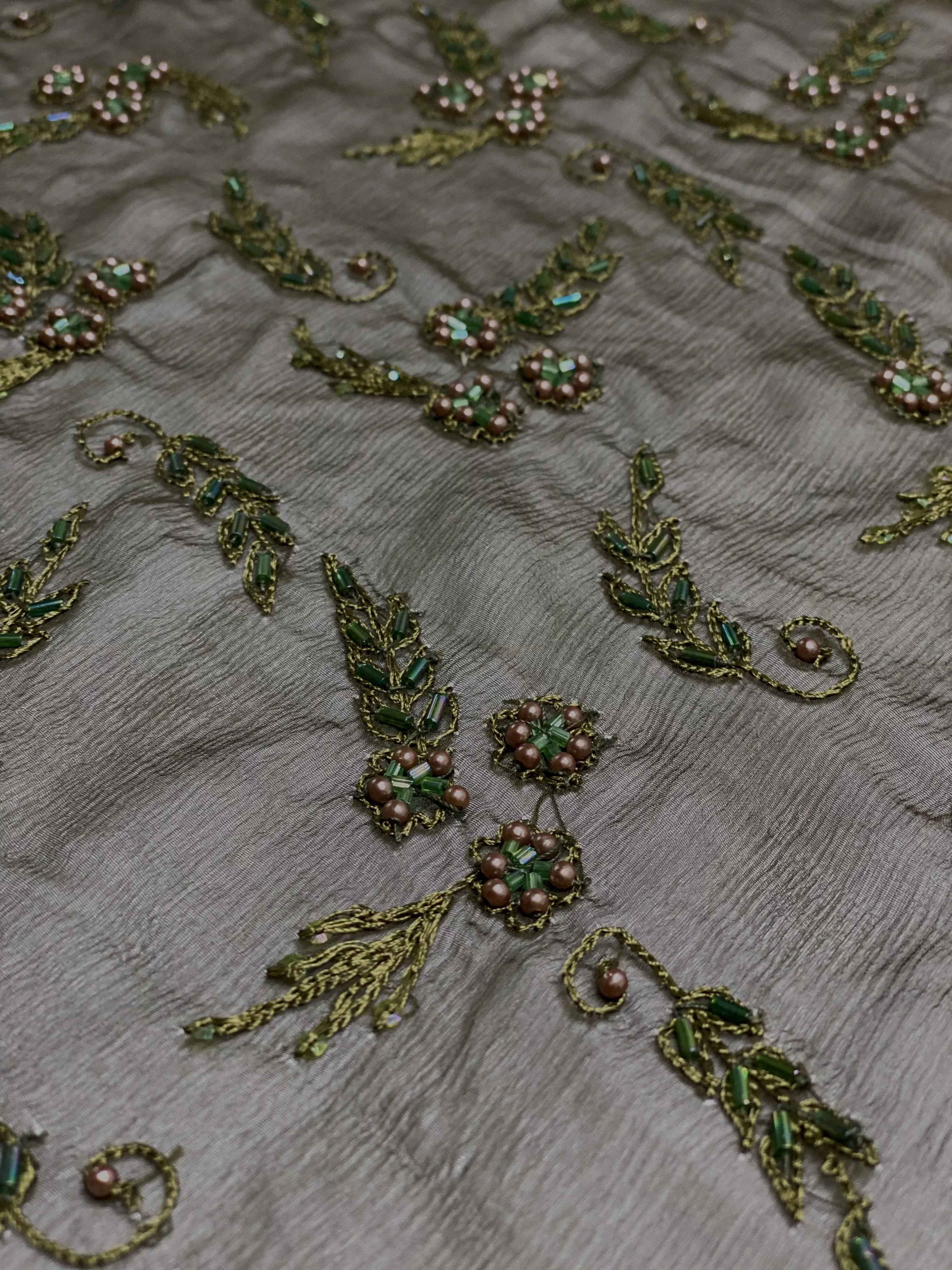 Olive Green Sequin & Beads On Silk Chiffon JEC-122-11 Fabric