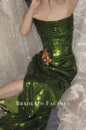 Olive Green Sequin Strapless Slit Long Formal Dress