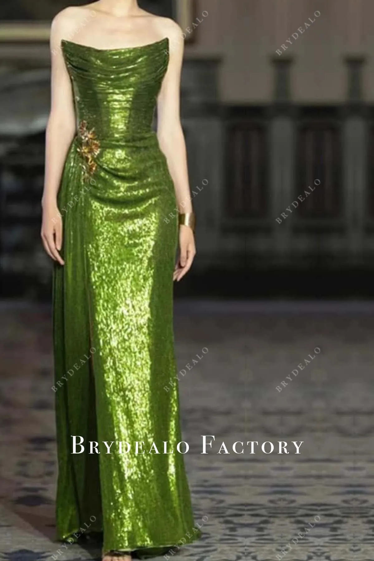 Olive Green Sequin Strapless Slit Long Formal Dress