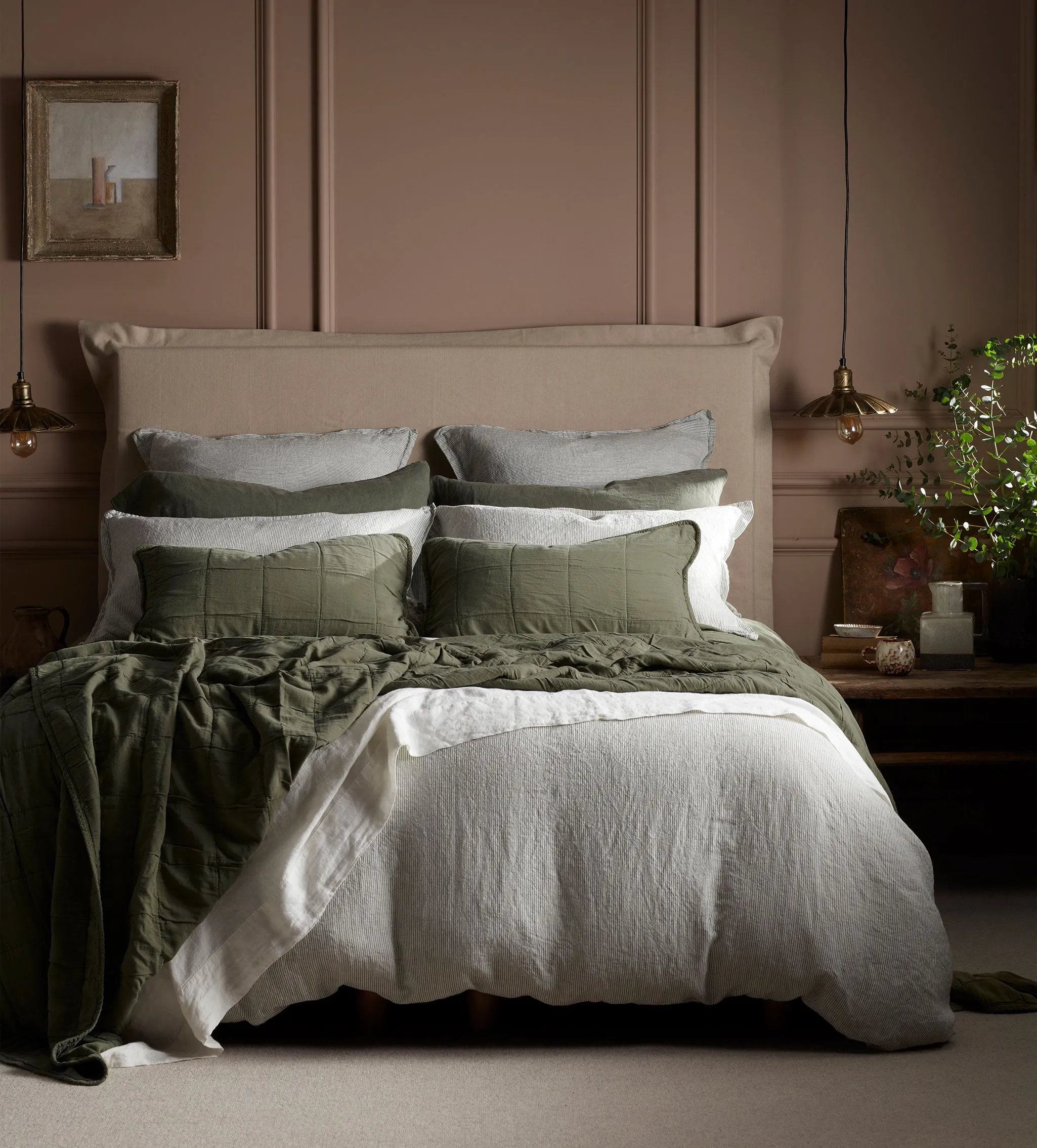 Olive Green Sid Stripe 100% Linen Bed Linen