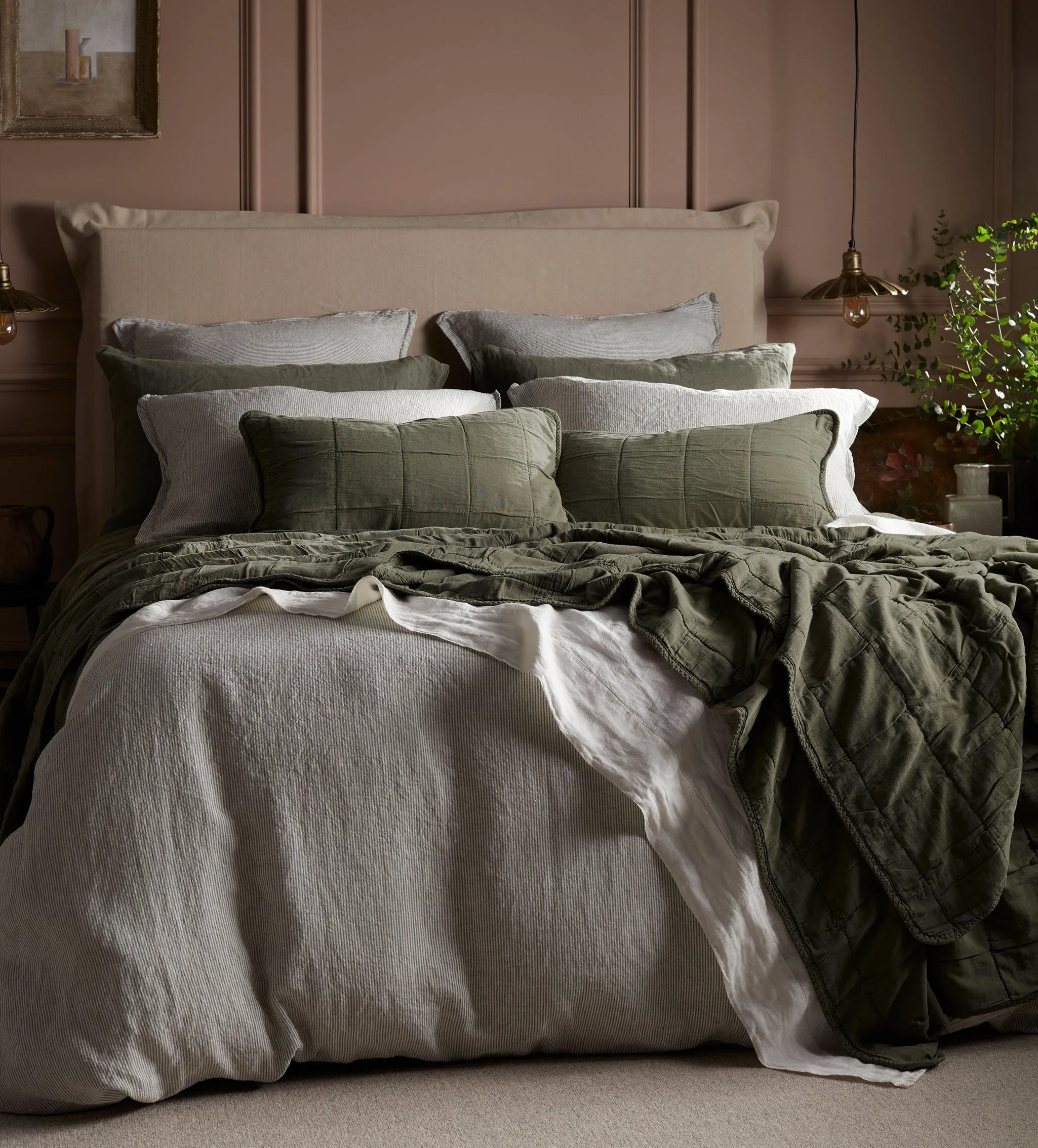 Olive Green Sid Stripe 100% Linen Bed Linen