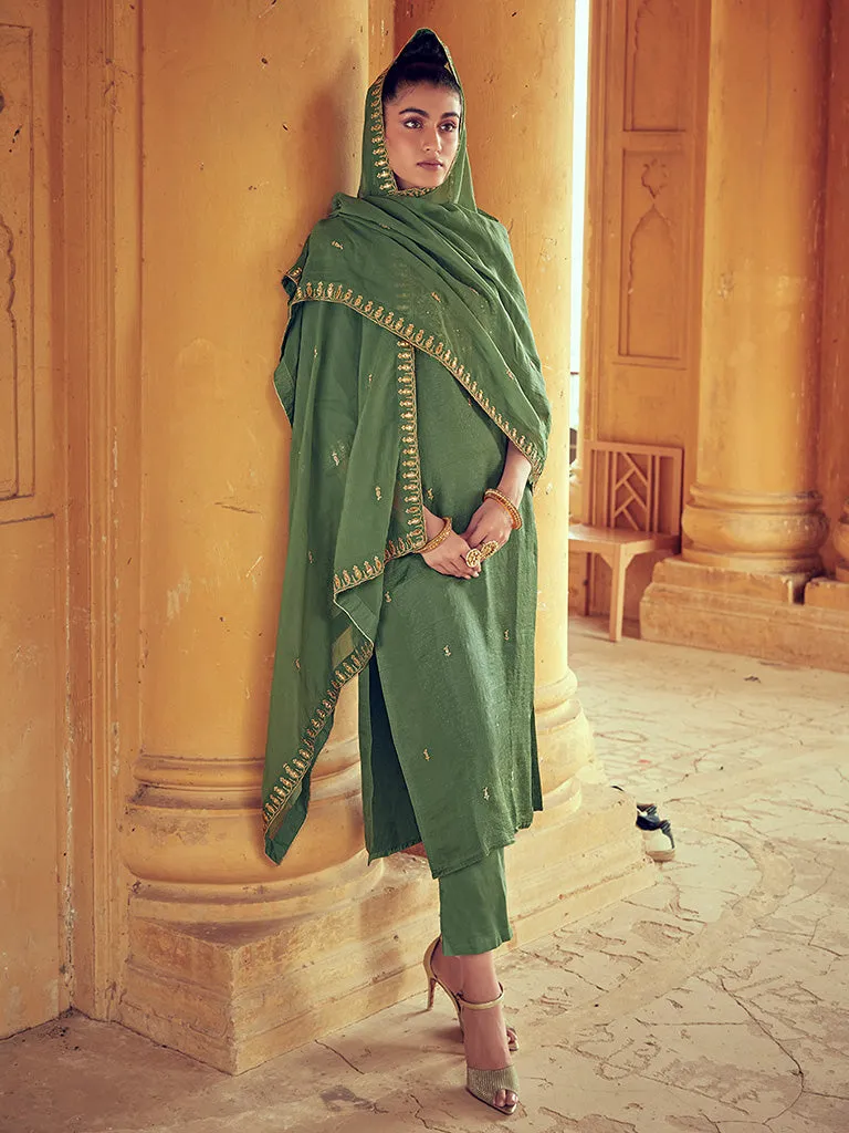 Olive Green Straight Zardozi Work Kurta With Pant & Dupatta