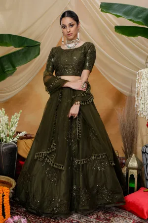 Olive Green Thread With Sequence Embroidered Net Semi-Stitched Lehenga