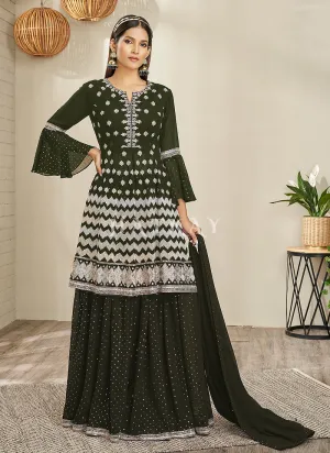 Olive Green Traditional Embroidered Peplum Anarkali Lehenga