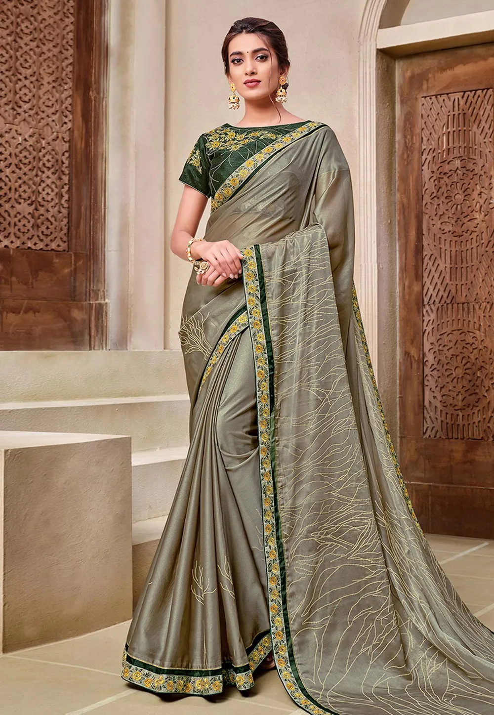 Olive Green Traditional Embroidered Silk Saree