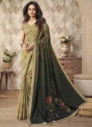 Olive Green Two Tone Digital Floral Printed Silk Saree