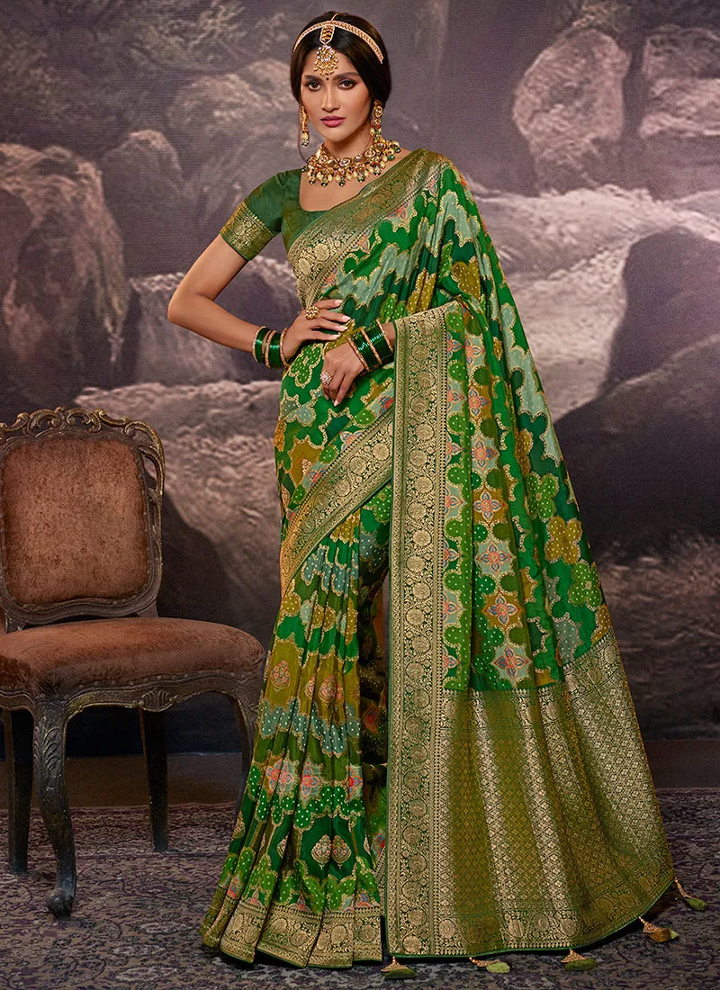 Olive Green Weaved And Printed Traditional Jacquard Silk Saree