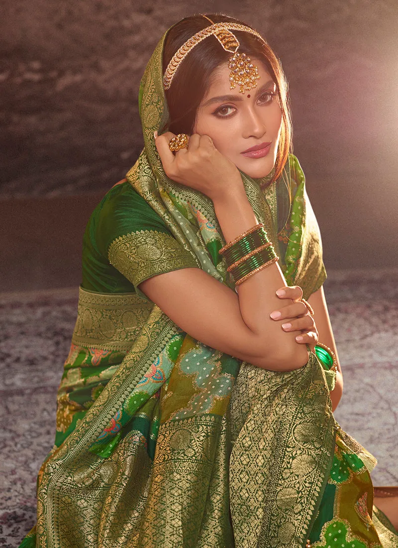 Olive Green Weaved And Printed Traditional Jacquard Silk Saree