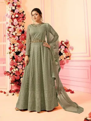 Olive Green With Kashmir Embroidered Detail Designer Kalidar Anarkali Suit