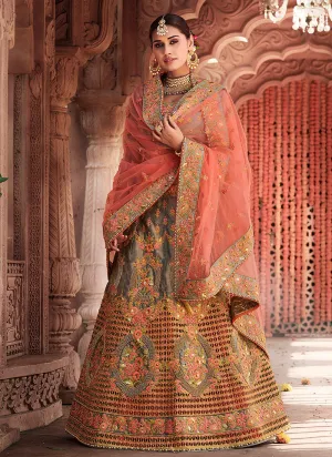 Olive Green Zari Embroidered Wedding Lehenga Choli