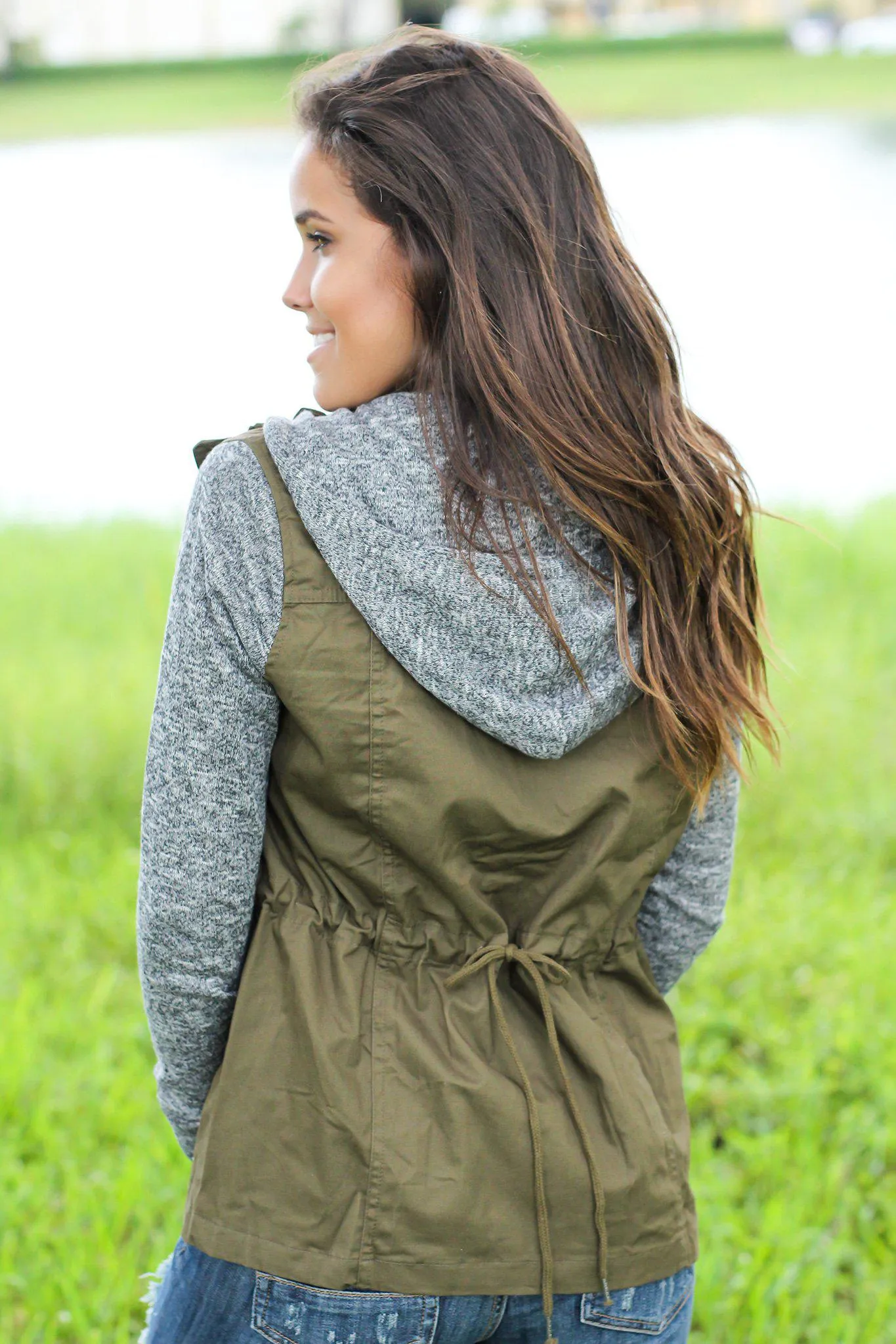 Olive Jacket with Gray Hood and Sleeves