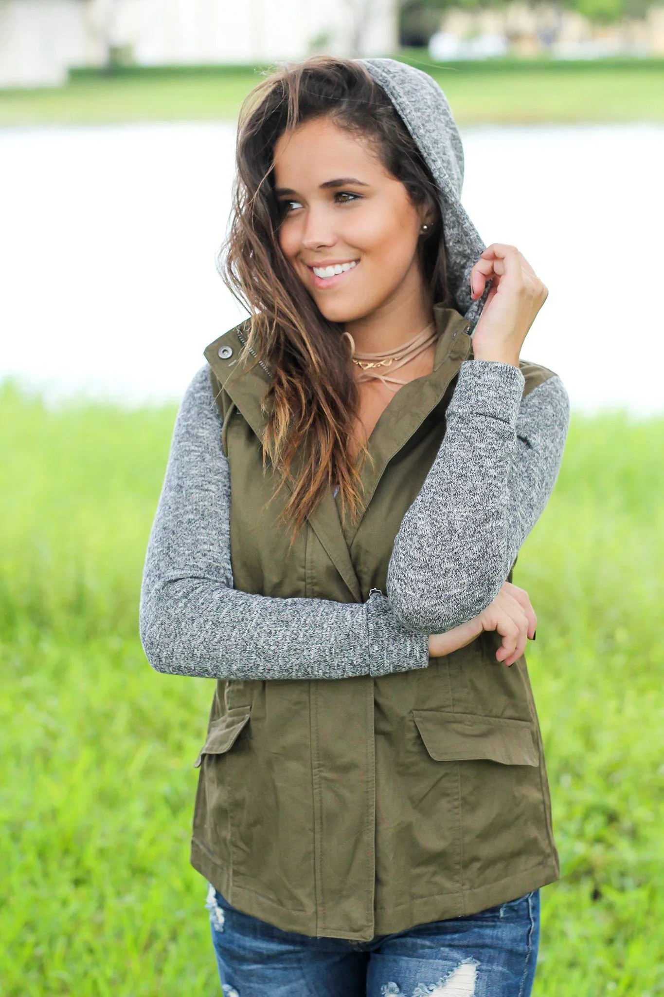 Olive Jacket with Gray Hood and Sleeves