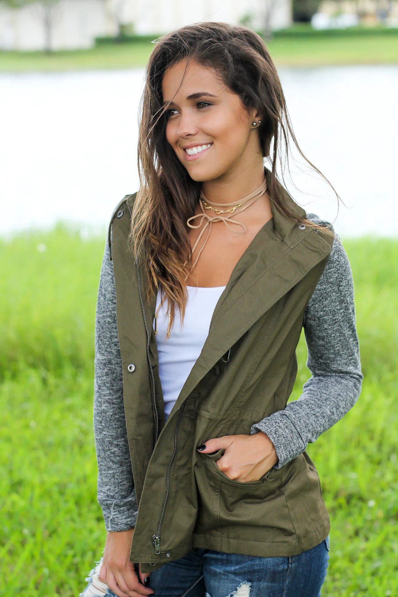 Olive Jacket with Gray Hood and Sleeves