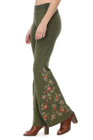 Olive Mineral Wash Floral Embroidered Flare Yoga Pants