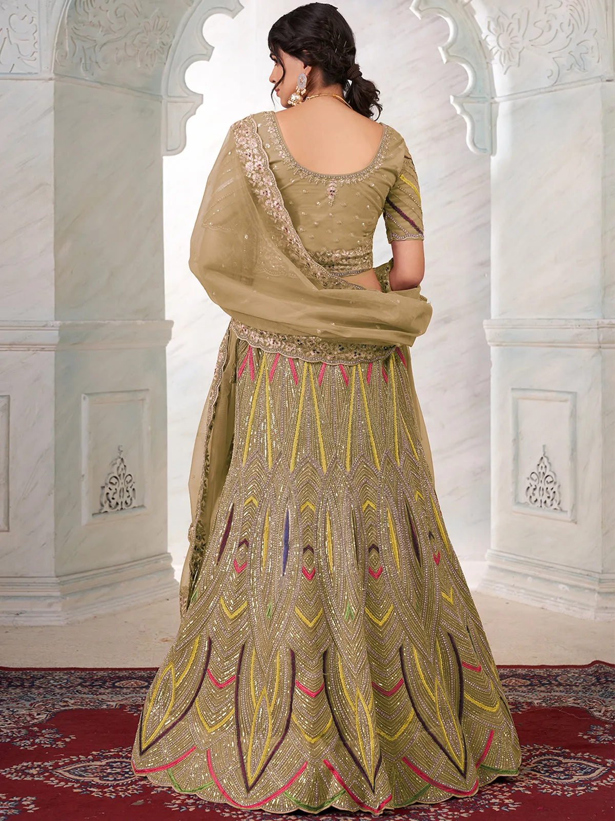 Olive Net Semi stitched Lehenga With Unstitched Blouse