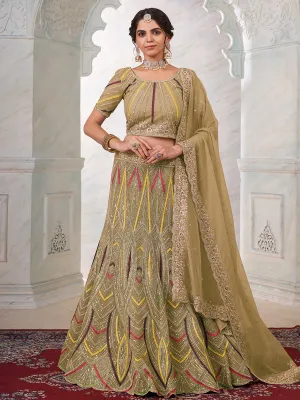 Olive Net Semi stitched Lehenga With Unstitched Blouse