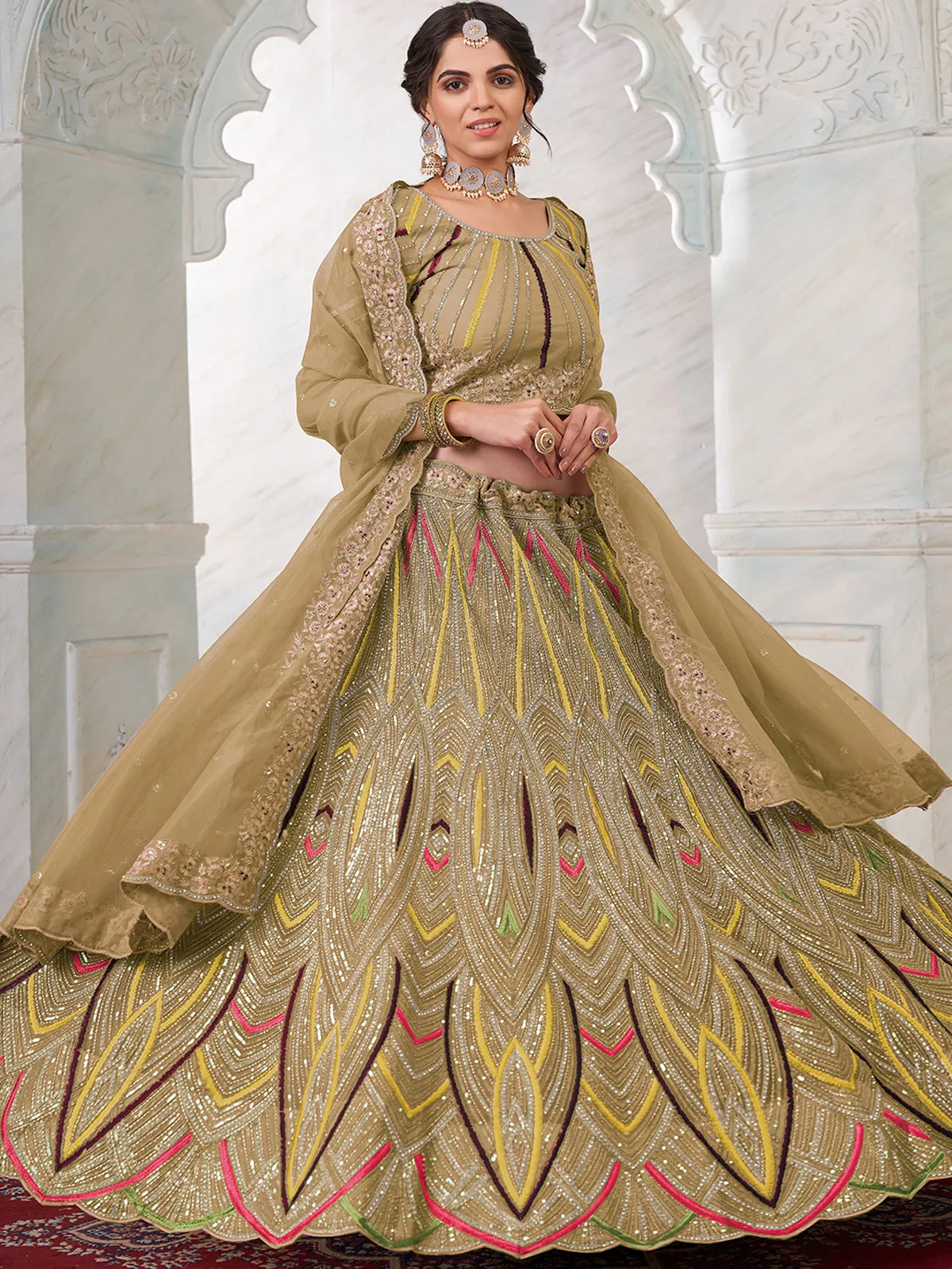 Olive Net Semi stitched Lehenga With Unstitched Blouse