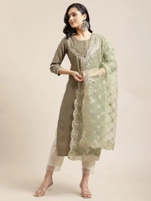 Olive Round Neck Kurta With Yoke And Sleeve Embroidery And Paired With Off-White Trouser Having Organza Scalloped Hem And Heavy Gota Embroidered Dupatta