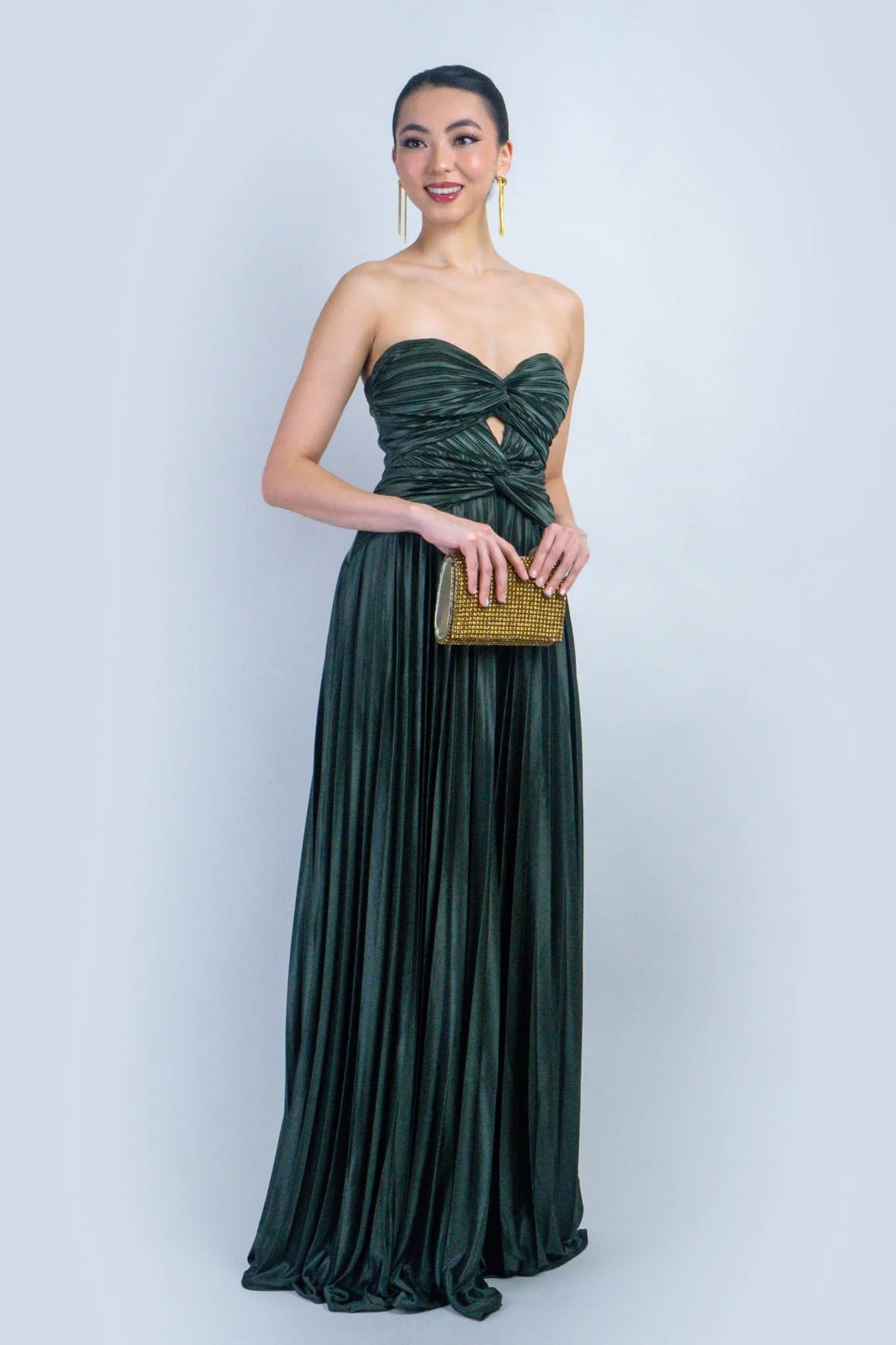 Olive Satin Sweetheart Pleated Twist Gown