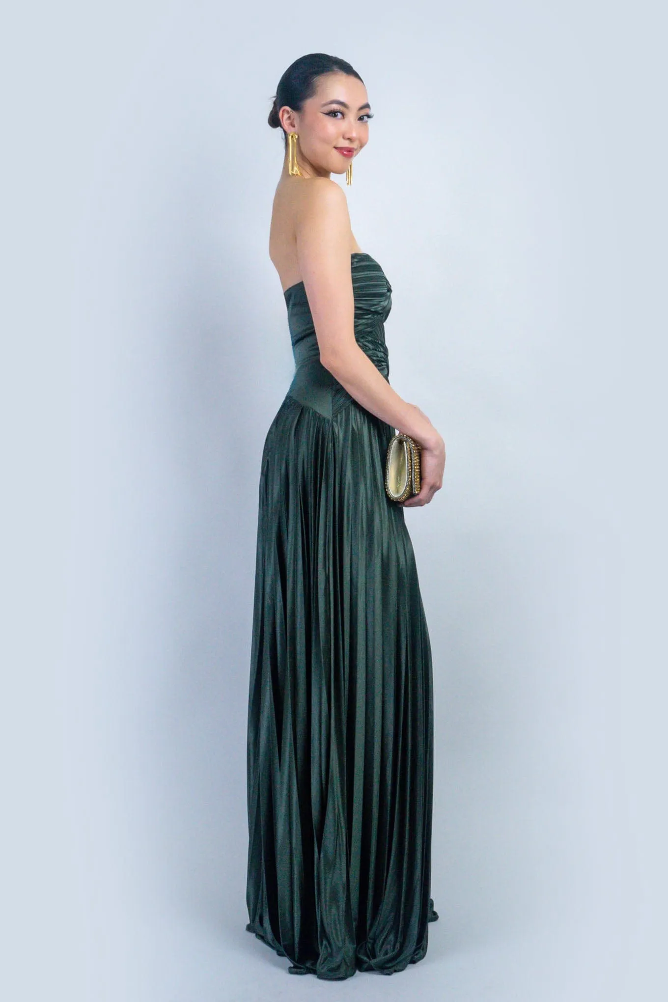 Olive Satin Sweetheart Pleated Twist Gown