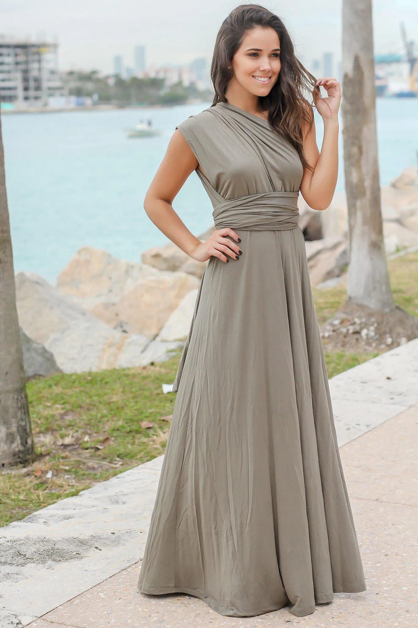 Olive Tie Maxi Dress with Open Back