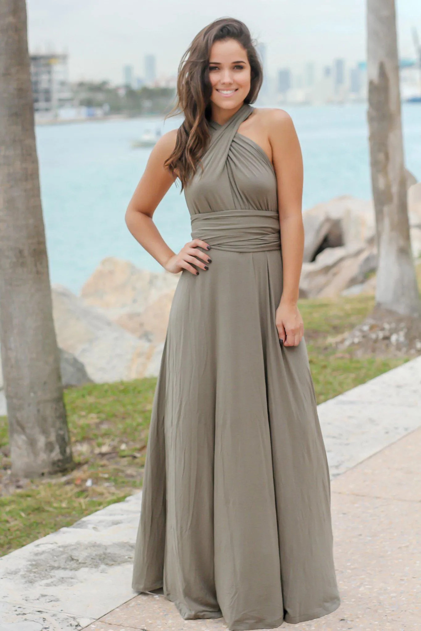 Olive Tie Maxi Dress with Open Back