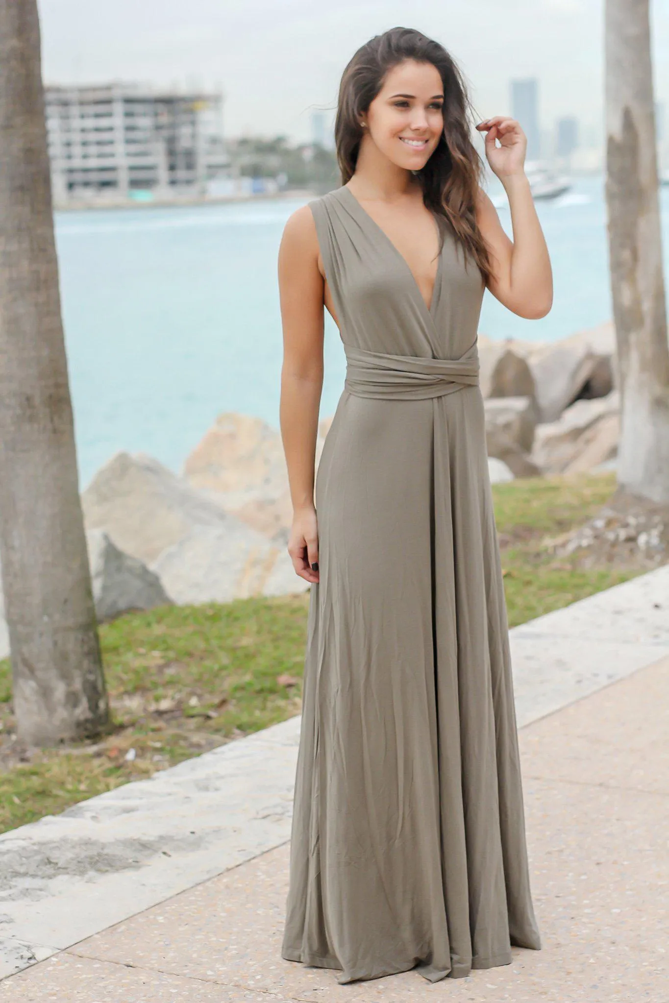 Olive Tie Maxi Dress with Open Back