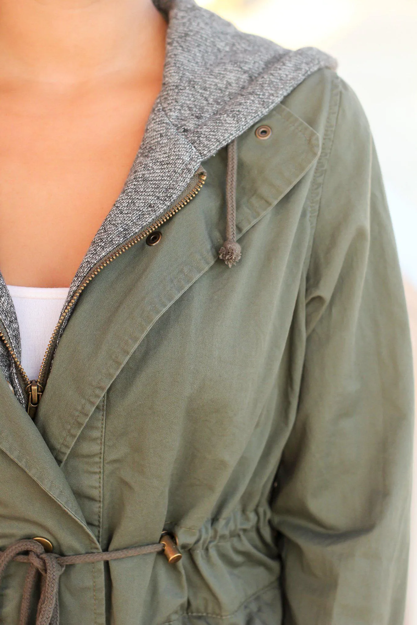 Olive Utility Jacket with Gray Hood