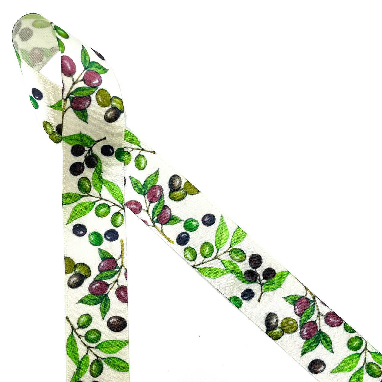 Olives Ribbon in dark purple and green on 5/8", 7/8", and 1.5" Antique White single face satin