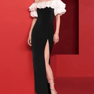 Olivia Off Shoulder Ruffle Trim Color Block Side Slit Maxi Dress