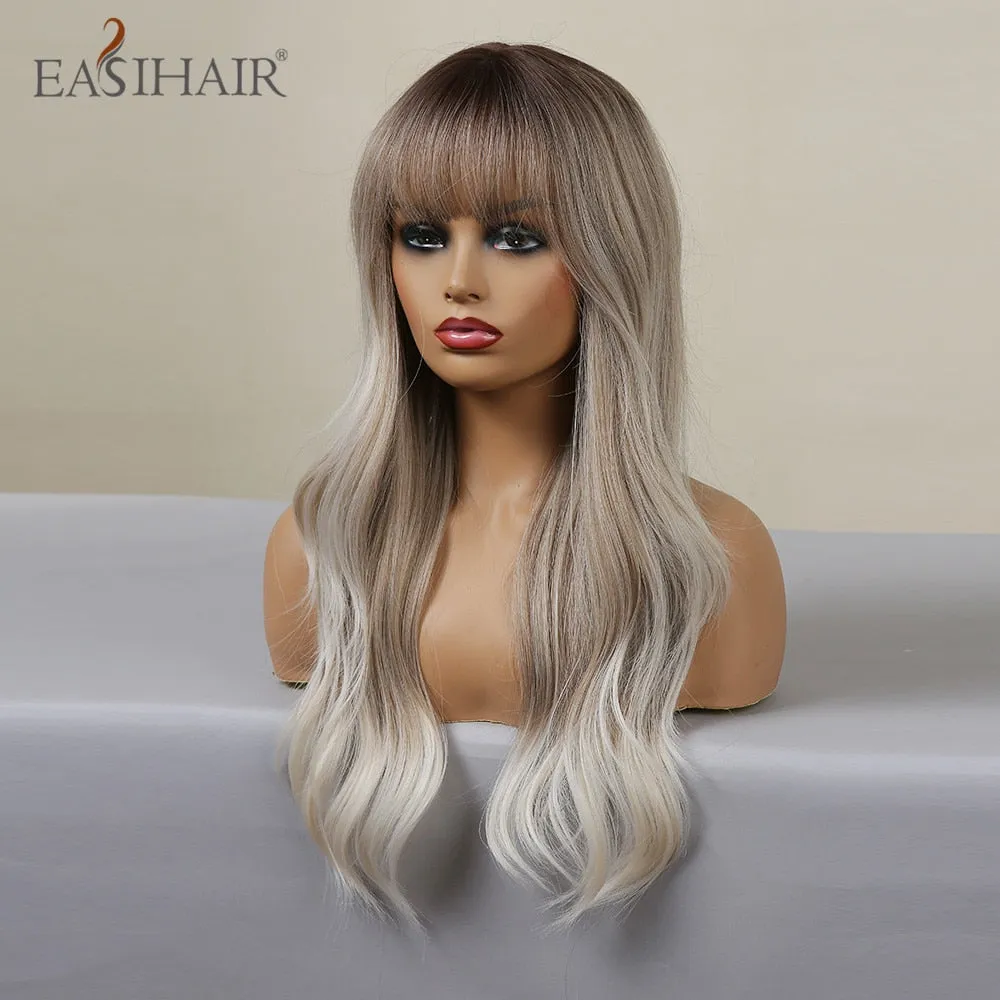 Ombre Gray Ash Wavy Wigs with Bang Light Blonde Platinum Synthetic Long Hair for Women Daily Party Heat Resistant Fiber Wigs