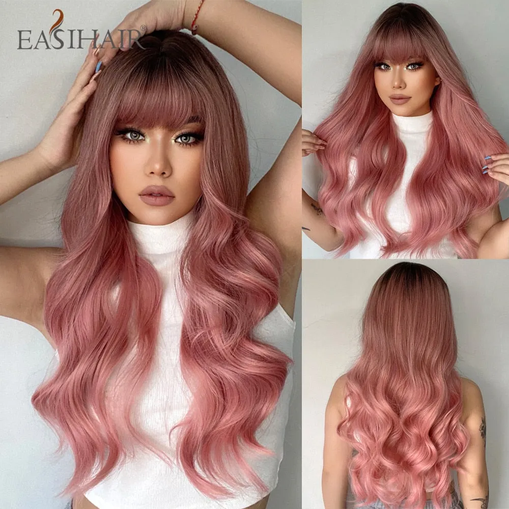 Ombre Gray Ash Wavy Wigs with Bang Light Blonde Platinum Synthetic Long Hair for Women Daily Party Heat Resistant Fiber Wigs