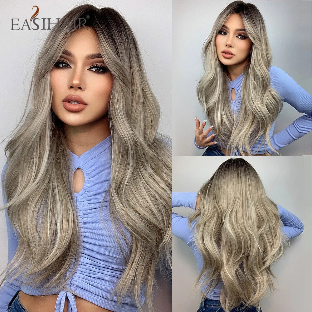 Ombre Gray Ash Wavy Wigs with Bang Light Blonde Platinum Synthetic Long Hair for Women Daily Party Heat Resistant Fiber Wigs