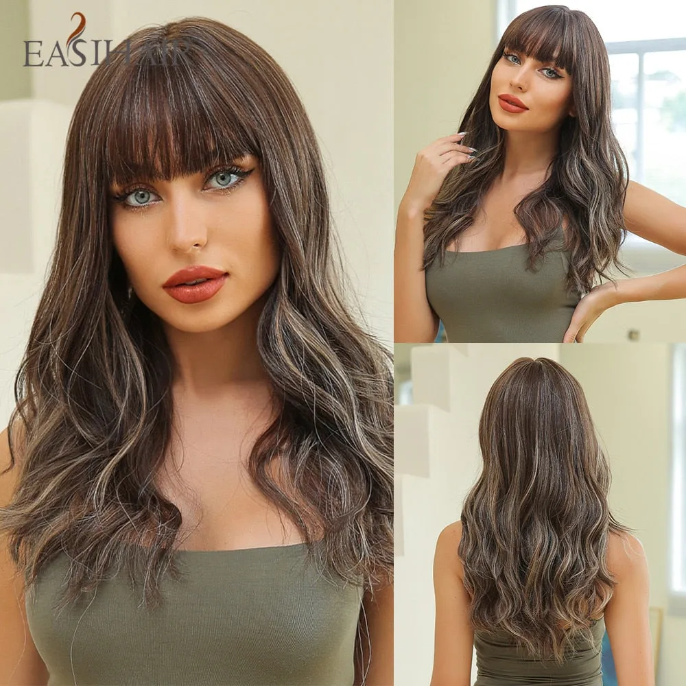 Ombre Gray Ash Wavy Wigs with Bang Light Blonde Platinum Synthetic Long Hair for Women Daily Party Heat Resistant Fiber Wigs