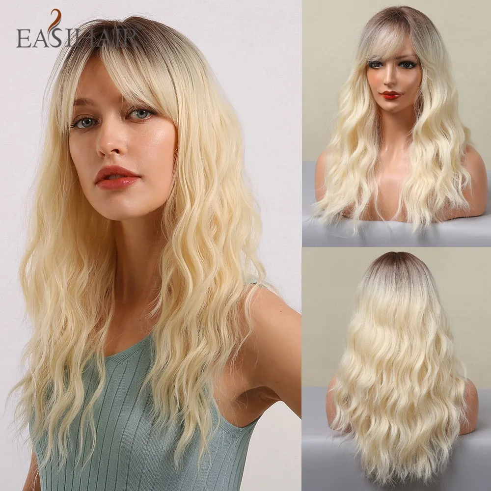 Ombre Gray Ash Wavy Wigs with Bang Light Blonde Platinum Synthetic Long Hair for Women Daily Party Heat Resistant Fiber Wigs