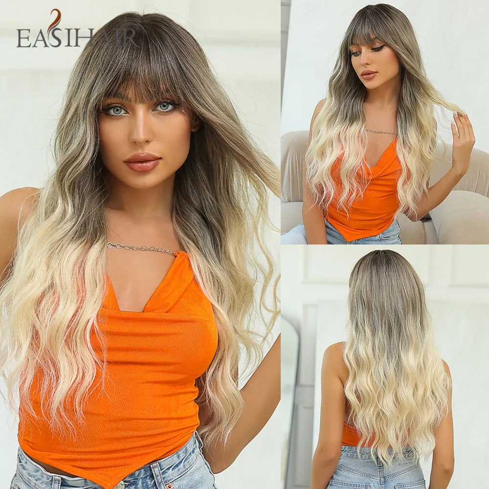 Ombre Gray Ash Wavy Wigs with Bang Light Blonde Platinum Synthetic Long Hair for Women Daily Party Heat Resistant Fiber Wigs