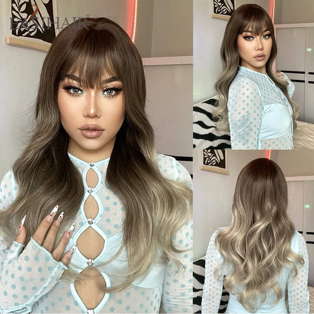 Ombre Gray Ash Wavy Wigs with Bang Light Blonde Platinum Synthetic Long Hair for Women Daily Party Heat Resistant Fiber Wigs