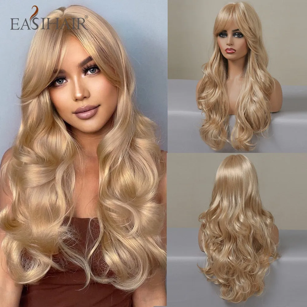 Ombre Gray Ash Wavy Wigs with Bang Light Blonde Platinum Synthetic Long Hair for Women Daily Party Heat Resistant Fiber Wigs